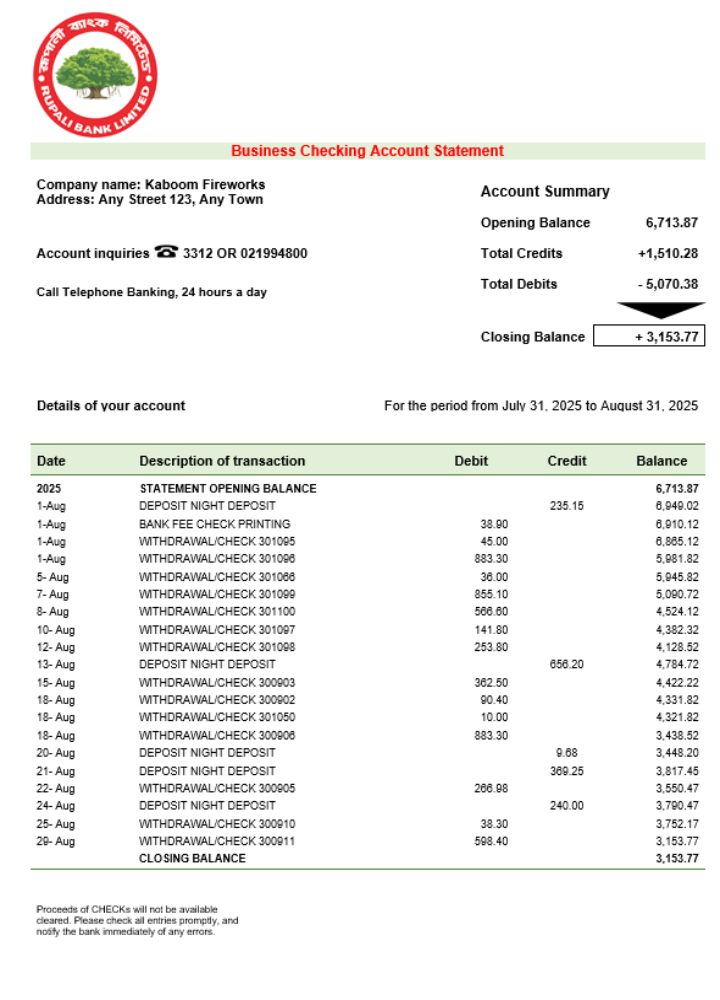 Modèle Word et PDF de relevé de compte courant de la société Rupali